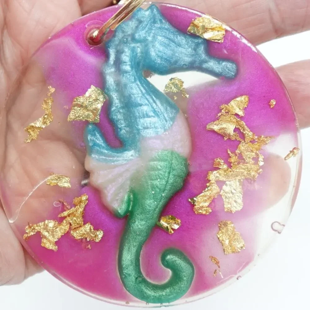 Tropical Seahorse resin Keychain with Gold n Fushia accents!  Luggage/Key fob